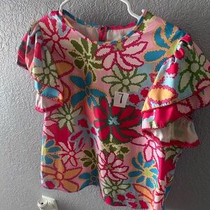 SHEIN Pink Multi Floral Ruffle Sleeve Blouse